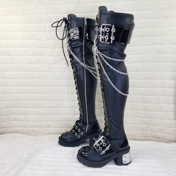 Bratty Big Buckle Strap Drape Chain Block Heel Stretch Thigh Goth Boots - Picture 4 of 15